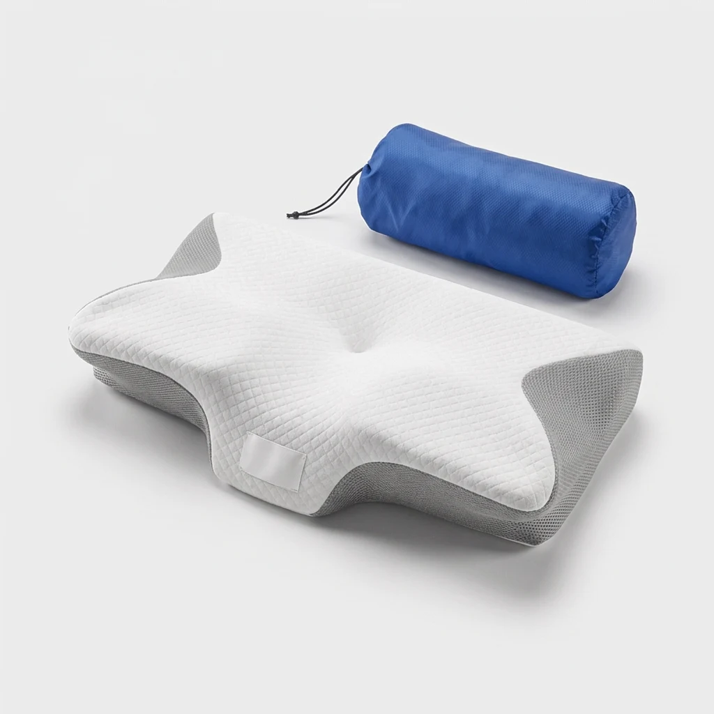 Detalhes do travesseiro: suporte cervical, espaço para braços, espuma viscoelástica e capa lavável