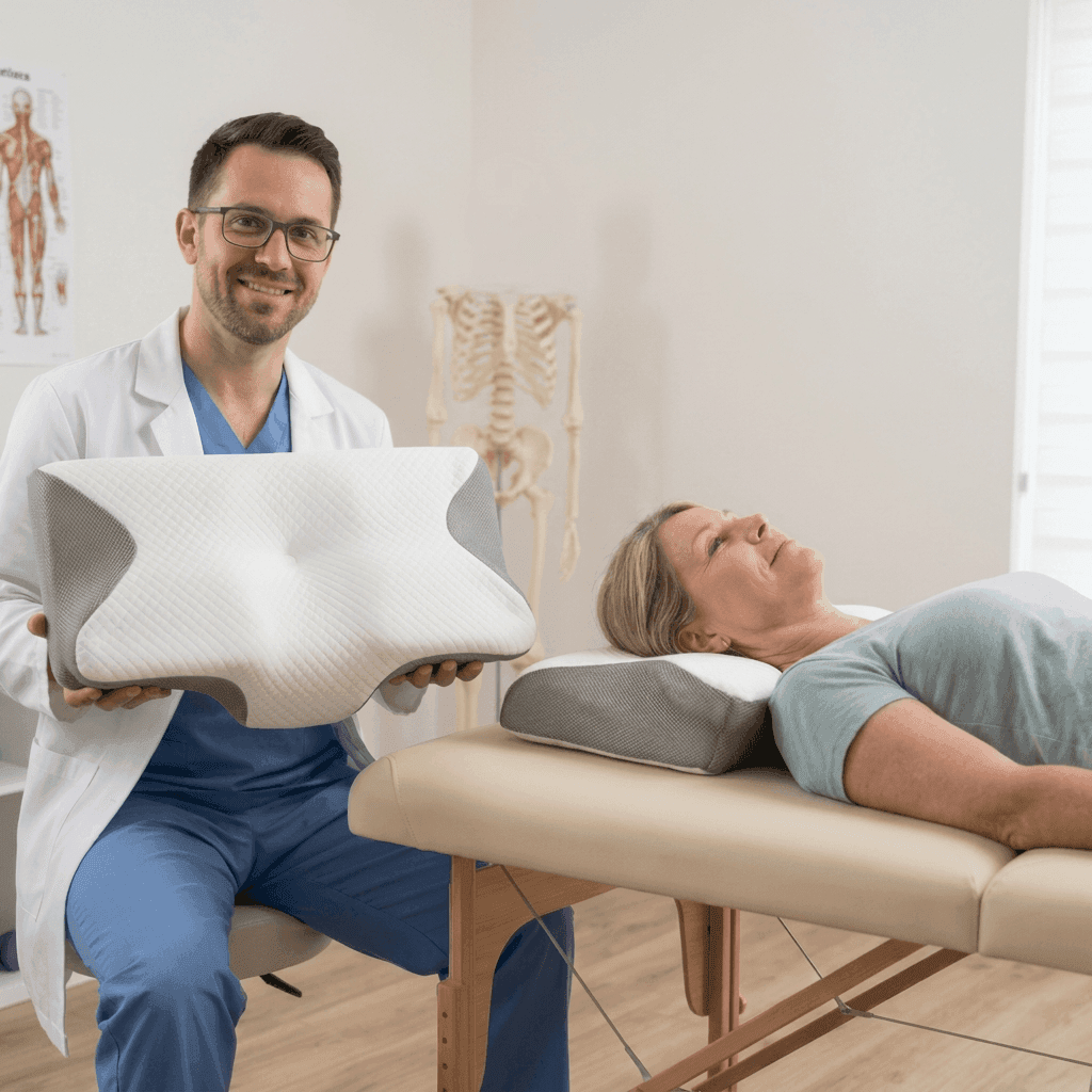 Fisioterapeuta segurando o travesseiro ergonômico