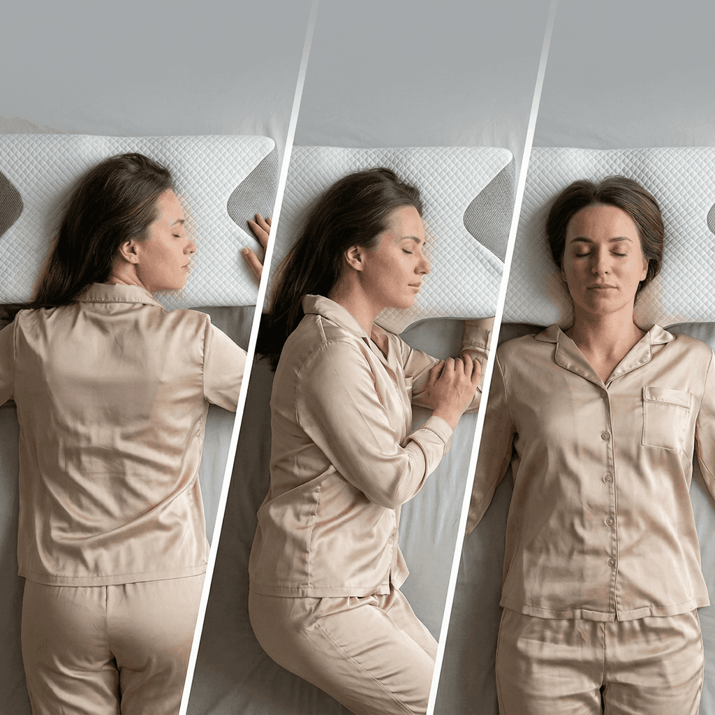 Mulher dormindo de costas, de lado e de bruços com o travesseiro